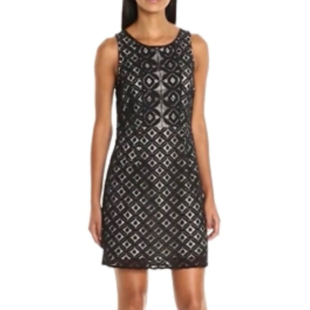Kensie Women's Lace Eyelet Overlay Sheath Dress Black Size Medium Preppy Work